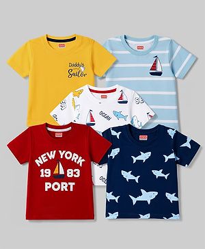 Babyhug Cotton Knit Half Sleeves T-Shirts with Shark Print Pack of 5 - Navy Maroon Yellow