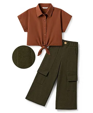 OLLINGTON ST. Cotton Woven Half
                              Sleeve Solid Shirt Top & Waffle Knit
                              Culottes - Brown & Olivegreen