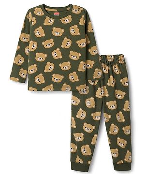 Babyhug 100% Cotton Knit Half Sleeves Co-Ords T-Shirt & Pajama Night Suit with Bear Face Print - Olive