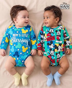 Babyhug Disney Interlock Knit Full Sleeves Onesies with Mickey Mouse Print Pack of 2 - Aqua