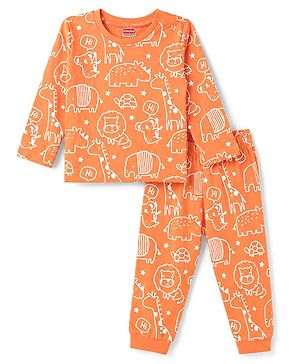 Babyhug 100% Cotton Knit Full Sleeves T-Shirt & Pyjama Co-Ord Night Suit With Animal Print - Orange