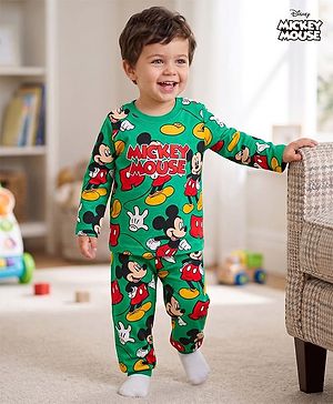 Babyhug Disney Single Jersey Knit Full Sleeves Co-Ords T-Shirt & Pyjama Night Suit with Mickey & Friends  Print - Green