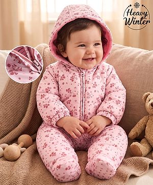 Babyhug Woven Heavy Polyfill Full Sleeves Footed Hooded Winter Wear Romper With Floral Print - Pink