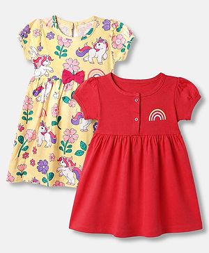 Babyhug Cotton Single Jersey Knit Half Puffed Sleeves Frocks with Floral, Rainbow and Unicorn Print Pack of 2 - Yellow & Red