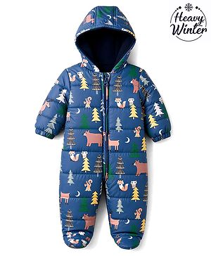Babyhug Woven Heavy Polyfill Winter Wear Hooded Romper With Animal Print - Navy Blue