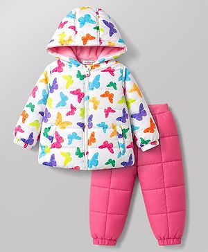Babyhug Full Sleeves Hooded Winter Wear Set With Butterfly Print - White & Pink