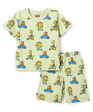 Babyhug 100% Cotton Knit Full Sleeves T-Shirt & Shorts Co-Ord Night Suit With Animal Print - Light Green