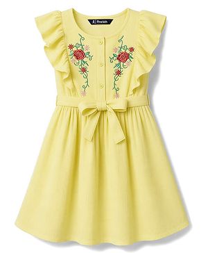 Pine Kids Woven Sleeveless Floral Embroidered Frock - Yellow