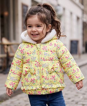 Babyhug Woven Full Sleeves Floral Printed Hoodie With Bow Applique - Yellow