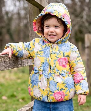 Babyhug Woven Hooded Padded Floral Printed Jacket with Bow - Pink