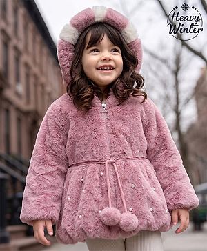 Babyhug Fur Woven Hoodie Jacket with Full Sleeves and Pearls Embellishment - Pink