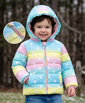 Babyhug Woven Full Sleeves Padded Hooded Jacket with Star Print - Pink