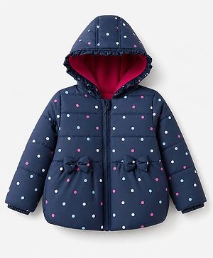 Babyhug Woven Full Sleeves Hooded Padded Winter Jacket With Polka Dots Print & Bow Applique - Navy Blue