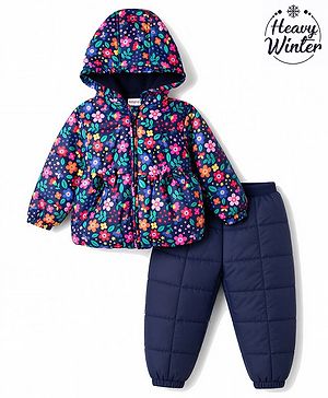 Babyhug Full Sleeves Winter Wear Suits With Floral Print- Navy Blue