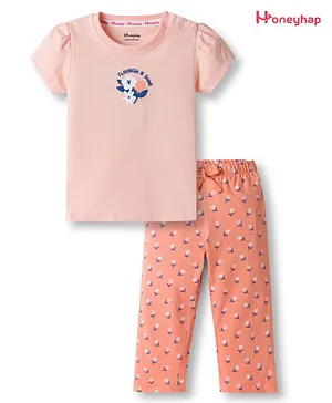 Honeyhap Premium 100% Cotton Knit
                              Half Sleeves T-Shirt & Pyjama Night
                              Suit With Floral Print - Pale Peach &
                              Coral Reef