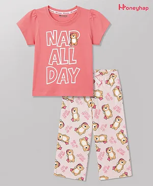 Honeyhap Premium 100% Cotton Knit
                              Half Sleeves T-Shirt & Pyjama Night
                              Suit With Bio Finish & Teddy Print -
                              Geranium Pink & Primrose Pink