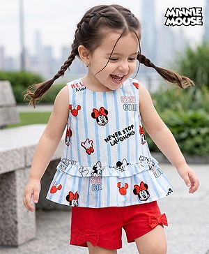 Babyhug Disney Cotton Woven Sleeveless Top and Shorts With Minnie Mouse Graphics - Light Blue & Red