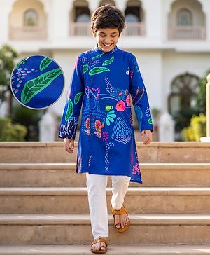Pine Kids Woven Full Sleeves Floral Printed Kurta Pyjama Set - Blue