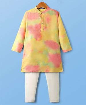 Pine Kids Woven Full Sleeves Tie-Dye Stone Embellished Kurta & Pyjama Set - Yellow