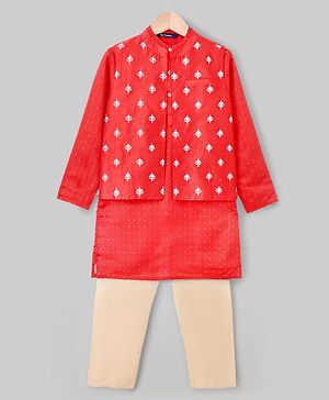 Pine Kids Woven Full Sleeves Solid Colour Kurta Pajama Set with Floral Embroidered Nehru Jacket - Red