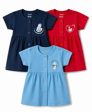 CUCUMBER Sinker Knit Half Sleeves
                                  Animal & Birds Printed Frocks Pack
                                  Of 3 - Navy Blue Red & Light Blue