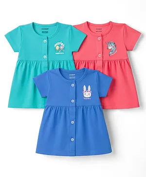 CUCUMBER Sinker Knit Half Sleeves
                                  Bunny Floral & Unicorn Printed
                                  Frocks Pack Of 3 - Blue Green &
                                  Red