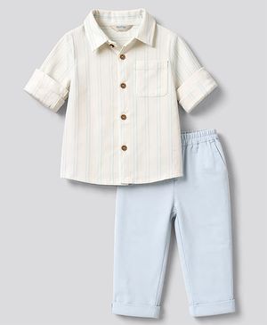 Bonfino 100% Cotton Double Gauze Woven Full Sleeves Striped Shirt & Chino Pant Set - White & Light Blue