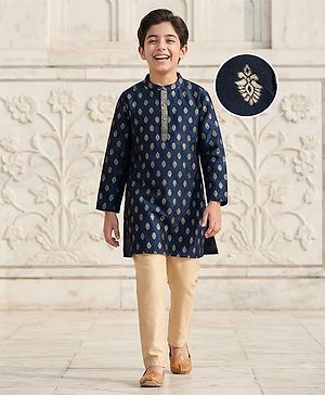 Pine Kids Woven Full Sleeves Floral Foil Printed Kurta & Pyjama Set - Navy Blue