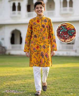 Pine Kids 100% Cotton Woven Full Sleeves Floral Printed Kurta & Pyjama Set -Mustard