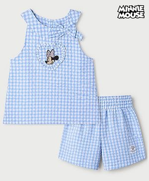 Babyhug Disney 100% Cotton Woven Sleeveless Top and Shorts Set with Checks and Minnie Mouse Print in Blue