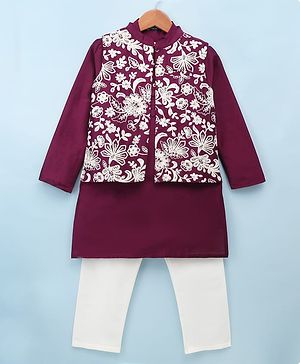 Pine Kids Woven Full Sleeves Kurta Pyjama Set With Floral Embroidered Jacket - Wine