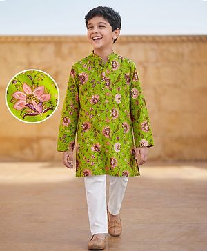 Pine Kids Cotton Woven Full Sleeves Floral Printed Kurta Pajama Set - Limegreen