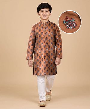 Pine Kids Cotton Woven Full Sleeves Floral Printed Kurta Pajama Set - Light Brown
