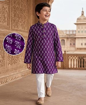 Pine Kids Cotton Woven Full Sleeves Floral Printed Kurta Pajama Set - Purple