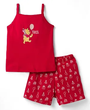 CUCUMBER Sinker Knit Sleeveless
                              T-Shirt & Shorts Night Suit with
                              Winnie The Pooh Graphics - Dark Red