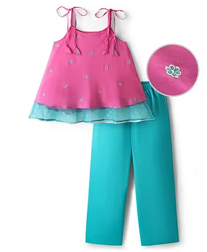 EARTHY TOUCH Woven Sleeveless Indo
                              Western Set With Floral Embroidery - Pink
                              & Blue