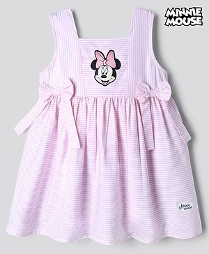 Bonfino Disney 100% Cotton Woven Sleeveless Striped Frock With Mickey Mouse Graphic - Light Pink