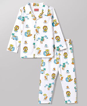 Babyhug 100% Cotton Knit Full Sleeves Front Open Cub Printed Co-Ords Shirt & Pyjama Night Suit -White