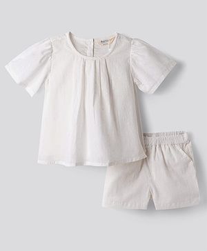 Bonfino 100% Cotton Dobby Woven Half Bell Sleeves Solid Colour A-Line Co-Ods Top & Shorts Set - White