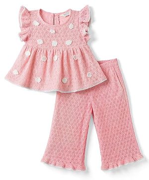 Bonfino 100% Cotton Woven Sleeveless Crochet Peplum Top & Flared Pant With 3-d Floral Applique - Pink
