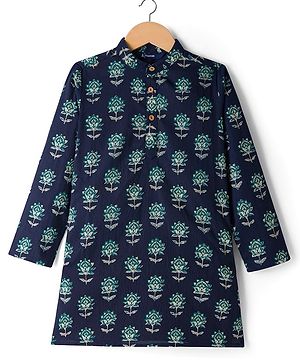 Pine Kids Cotton Woven Full Sleeves Floral Printed Kurta - Navy
