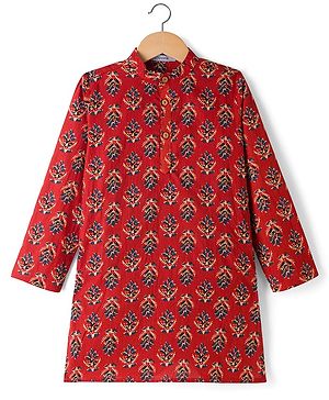 Pine Kids Cotton Woven Full Sleeves Floral Printed Kurta - Maroon