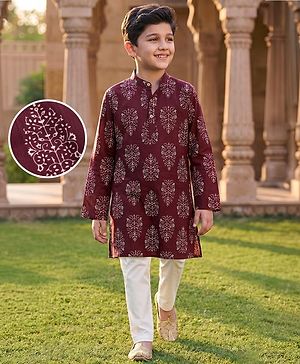 Pine Kids Cotton Woven Full Sleeves Floral Printed Kurta & Pyjama Set - Maroon
