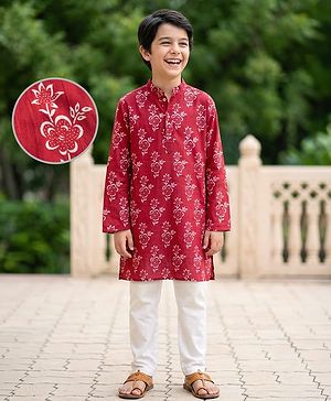 Pine Kids Cotton Woven Full Sleeves Floral Printed Kurta & Pyjama Set - Rust Orange