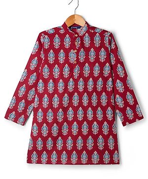 Pine Kids Cotton Woven Full Sleeves Floral Printed Kurta - Dark Red