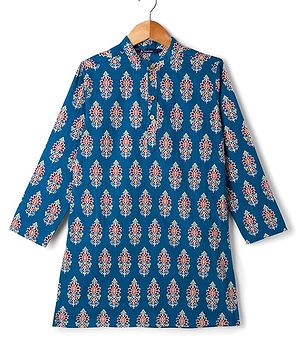 Pine Kids Cotton Woven Full Sleeves Floral Printed Kurta - Royal Blue