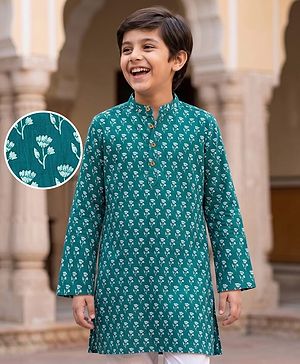 Pine Kids Cotton Woven Full Sleeves Floral Printed Kurta - Teal