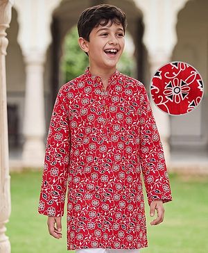 Pine Kids 100% Cotton Woven Full Sleeves Floral Printed Kurta - Red