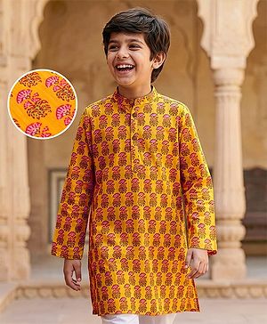Pine Kids Cotton Woven Full Sleeves Floral Printed Kurta - Mustard