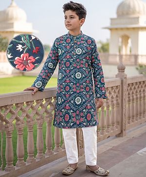 Pine Kids Cotton Woven Full Sleeves Kurta Pyjama Set With Floral Print - Navy Blue